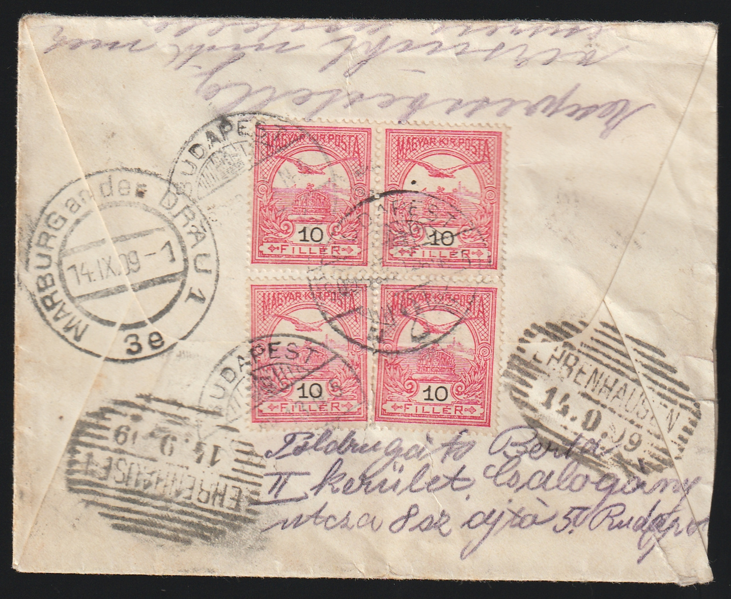 1919. BUDAPEST, MARBURG A/D DRAU-ba feladott levél tovább küldve: EHRENHAUSEN-be