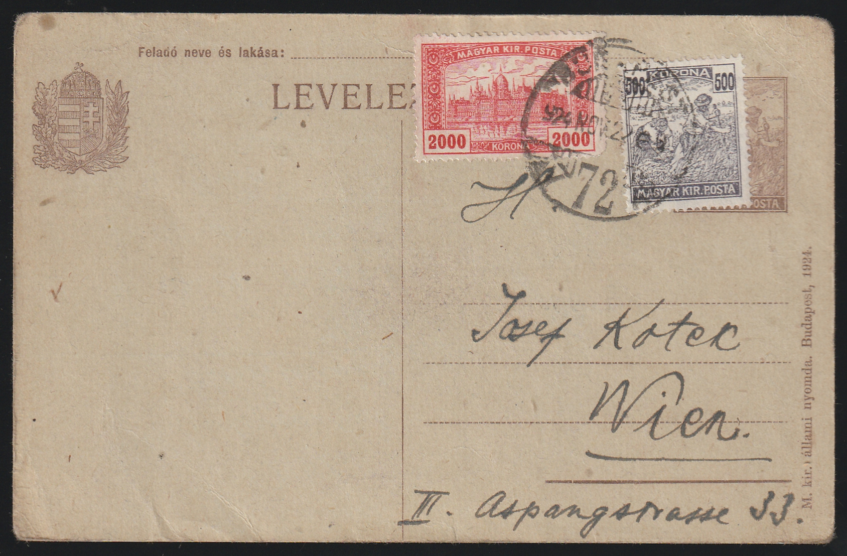 Scan_26_6_20260923_0129 1924. BUDAPEST, Bécsbe feladott "0" díjjegyes levelezőlap álvegyes díjkiegészítéssel