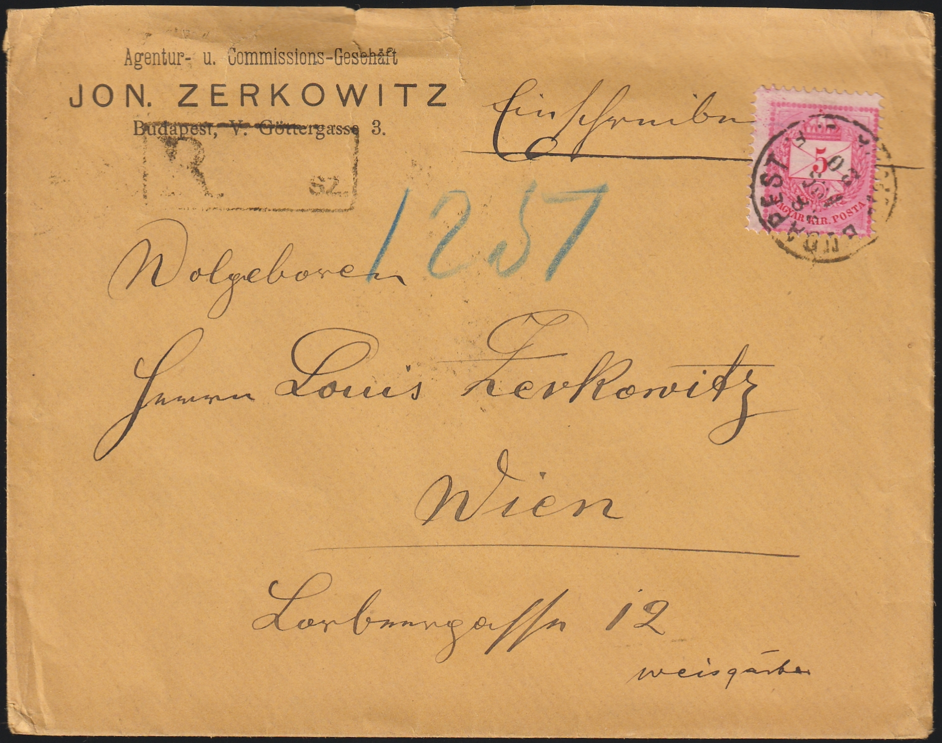 Scan_26_6_20260923_0164 1888. BUDAPEST – Bécsbe feladott II. súlyfokozatú ajánlott levél – 4×5 krajcáros bérmentesítéssel, hegyes fogazású bélyegekkel