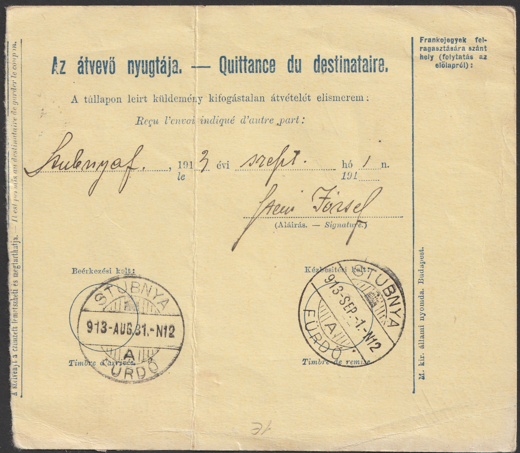 1913. Budapest gyűjtő hely bélyegzéssel, Stubnyafürdő-refeladott szállítólevél
