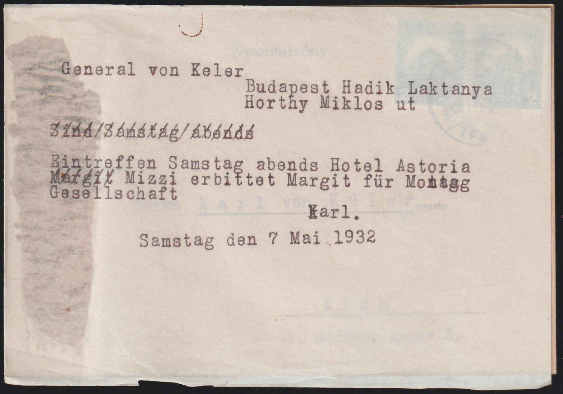 1932. BUDAPEST – Bécsbe, Karl von Kéler részére feladott nyomtatvány 2×2 filléres bérmentesítéssel – hátoldalán német nyelvű meghívó a Kéler nemzetség budapesti összejövetelére, „General von Keler – Budapest, Hadik Laktanya” megjelöléssel