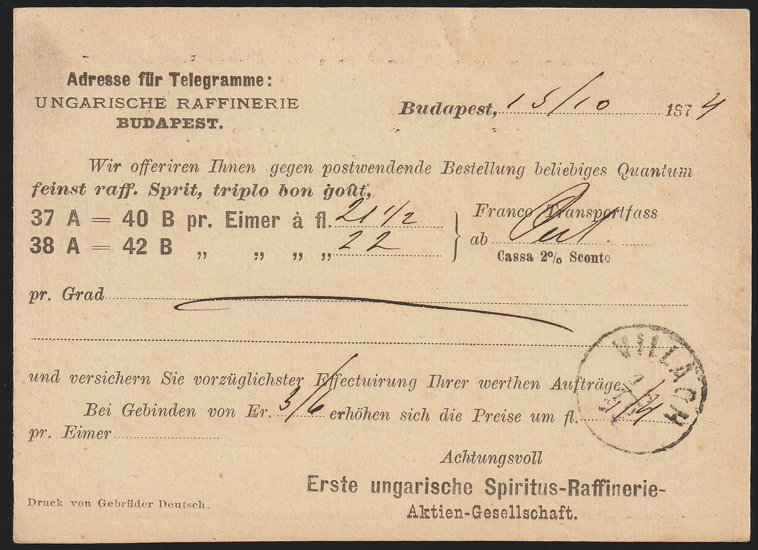 1874. BUDAPEST / DÉLKEL.VASP. Bécsbe feladott levelezőlap