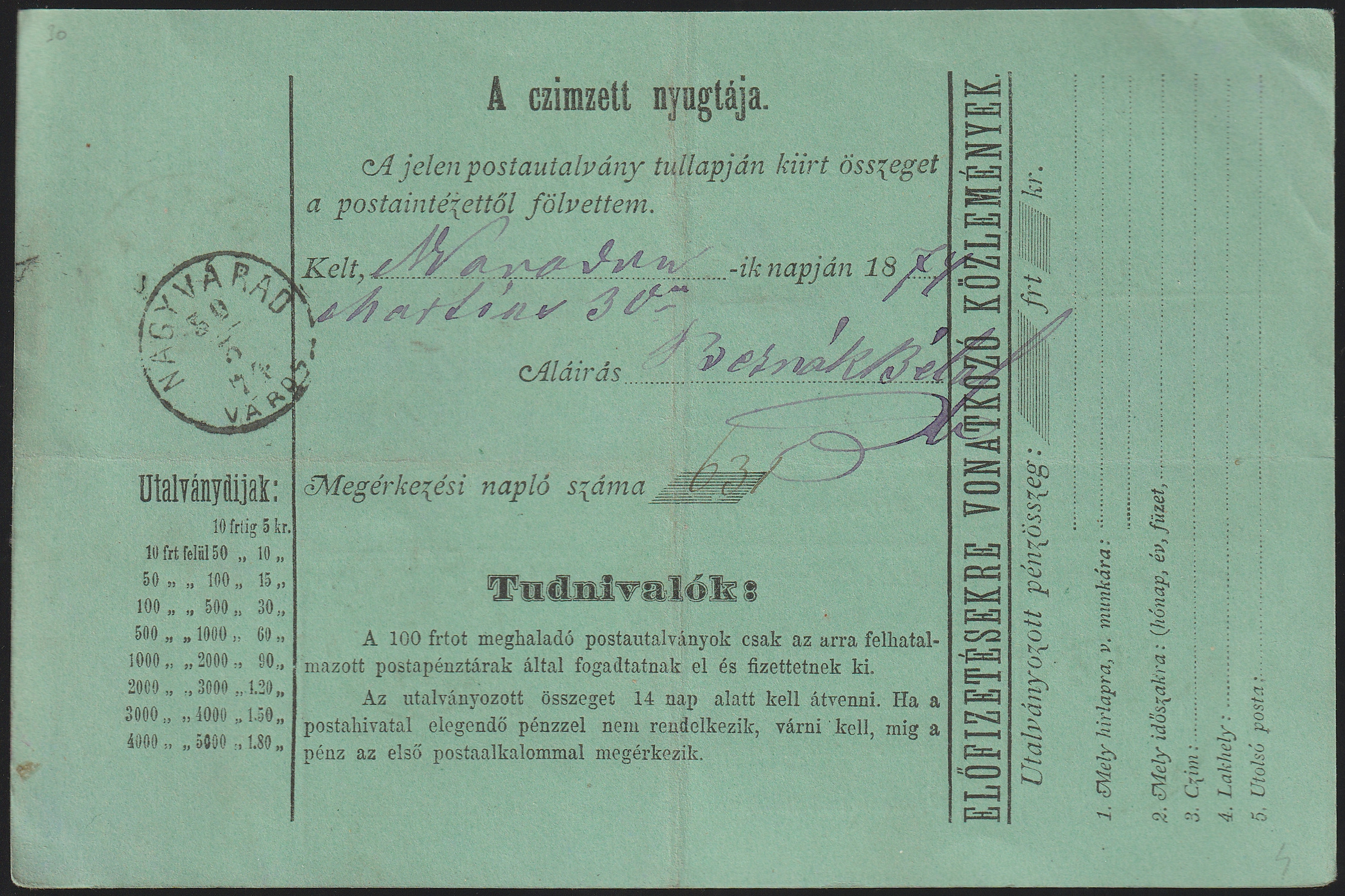 1874. GYULA / BÉKÉS. M. Nagyváradra feladott Posta-utalvány