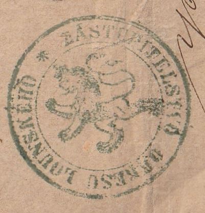 1870. LAUN (Louny, Csehország) – Rakovicére feladott portómentes hivatalos levél – a Lounyi járás képviselő-testületének („Zastupitelstvo okresu Lounského”) látványos zöld, cseh oroszlános hivatali bélyegzésével