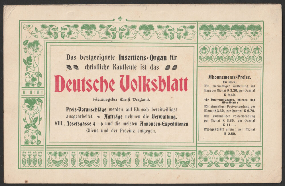 1904. A bécsi Deutsches Volksblatt újság kétoldalas reklám- és naptárlapja, július–december havi naptárral, díszes, többszínű nyomattal. Kézírásos és tollrajzos firkákkal..