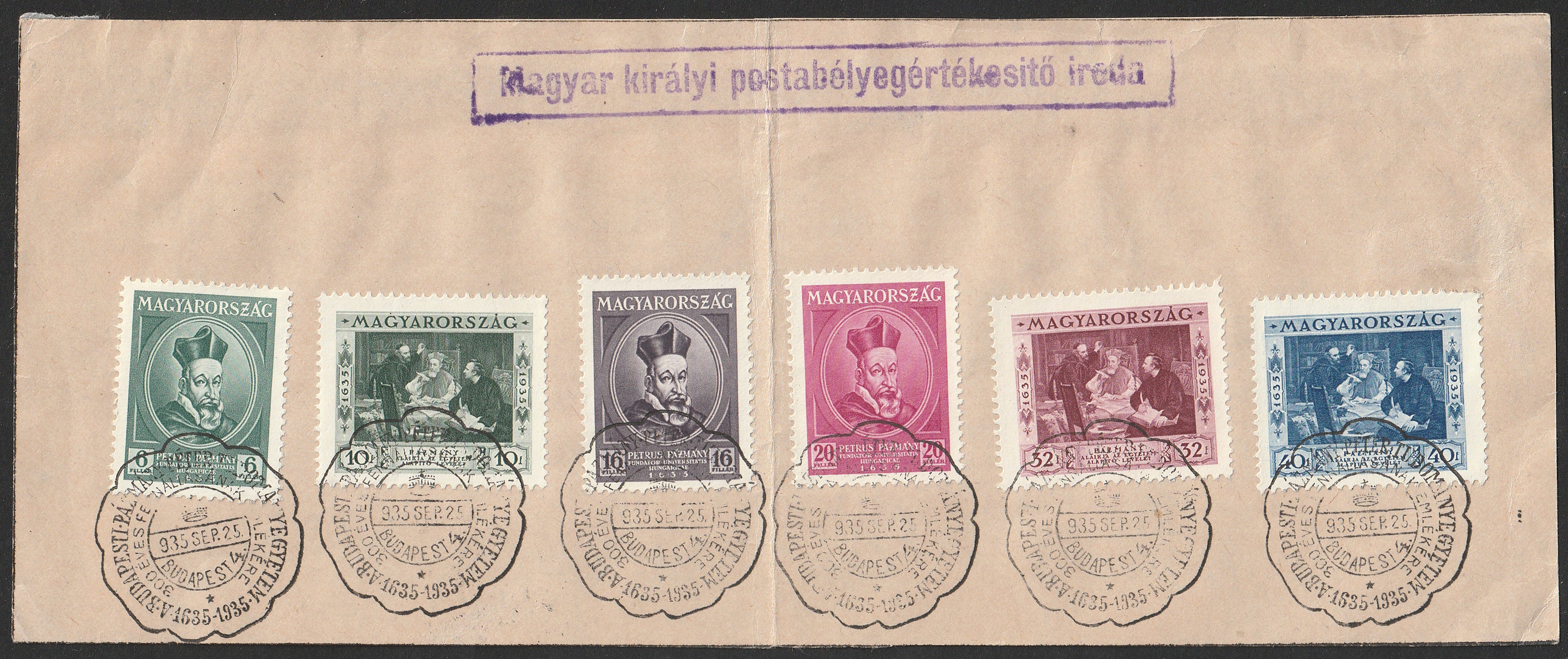1935. Pázmány Péter sor levél kivágás - megjelenés napi alkalmi bélyegzéssel!