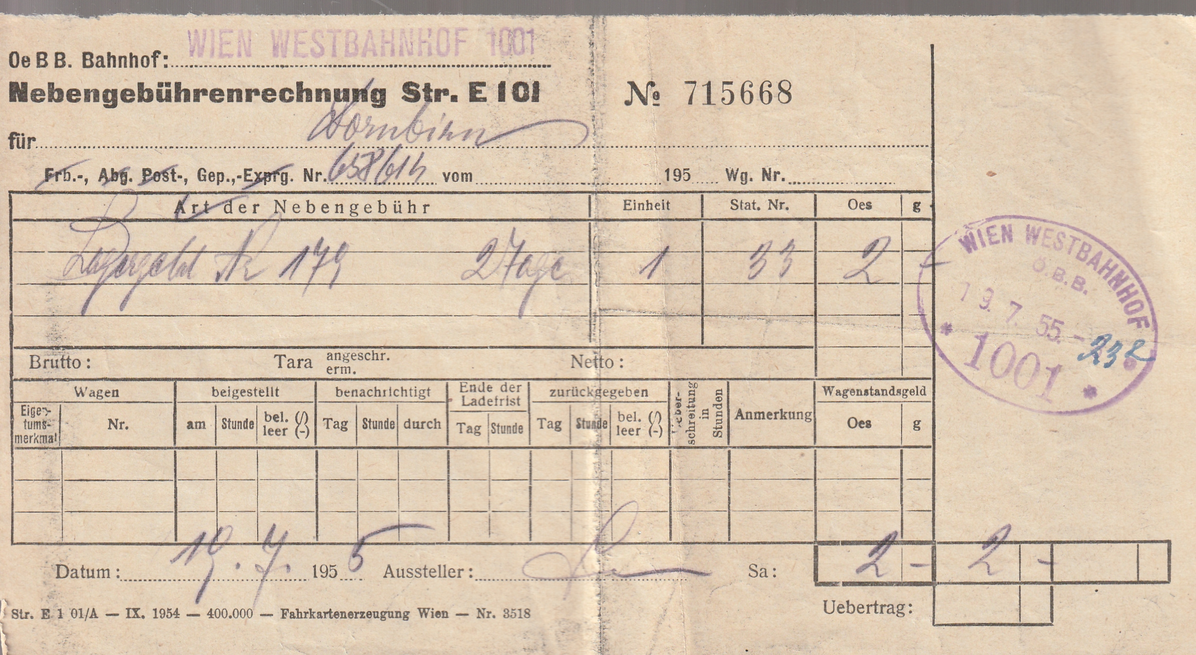 1955. ÖBB vasúti mellékdíjszámla, Dornbirn bejegyzéssel, kétnapi tárolásért felszámított 2 schilling díjról. „WIEN WESTBAHNHOF 1001” lila vasúti bélyegzéssel