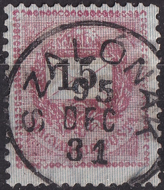 1889. 15 kr – látványos lemezhiba a koronában, további nyomáshibákkal - SZALÓNAK