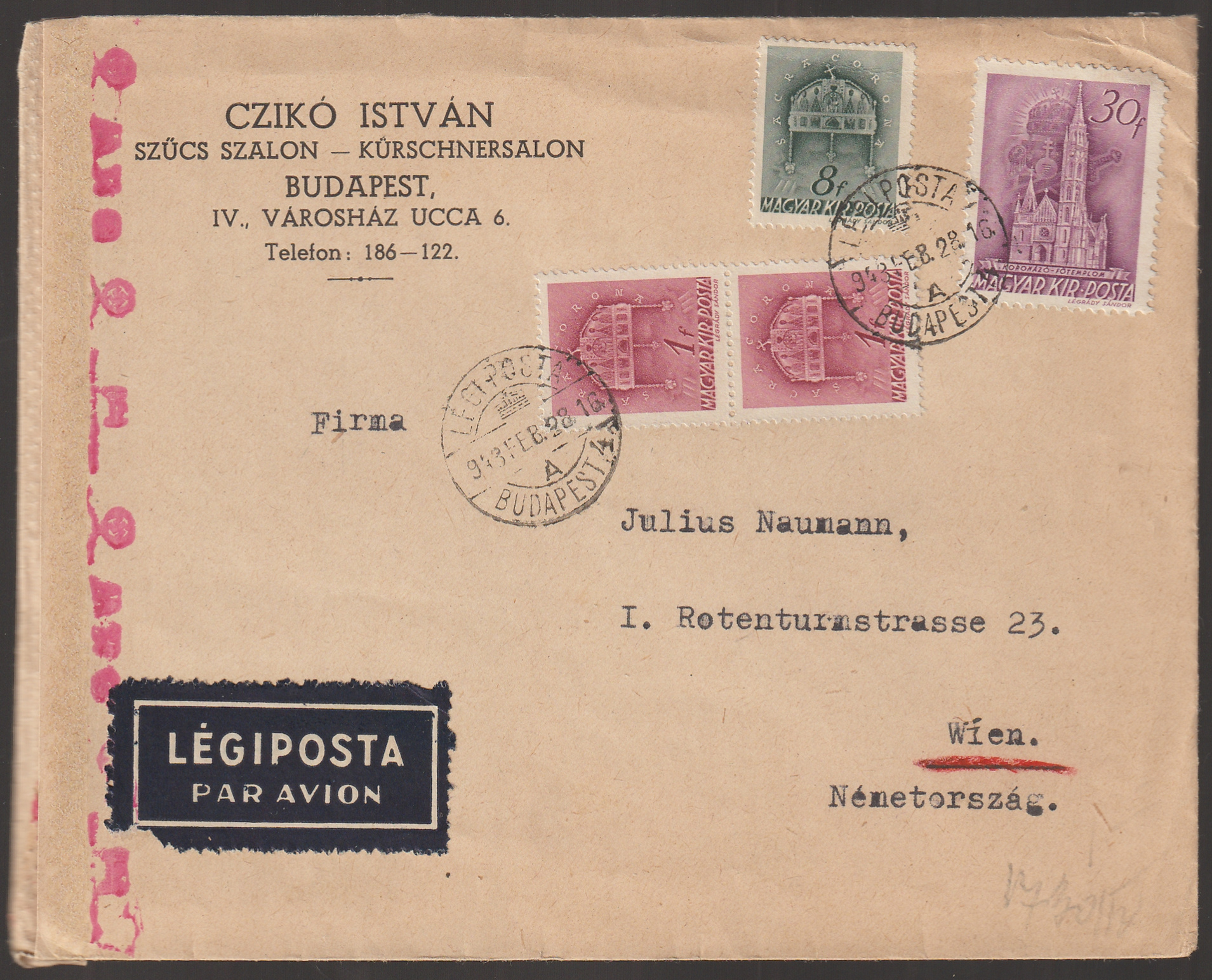 w_26_6_20261001_0012 1941. BUDAPEST, Bécsbe légipostán feladott cenzúrázott üzleti levél
