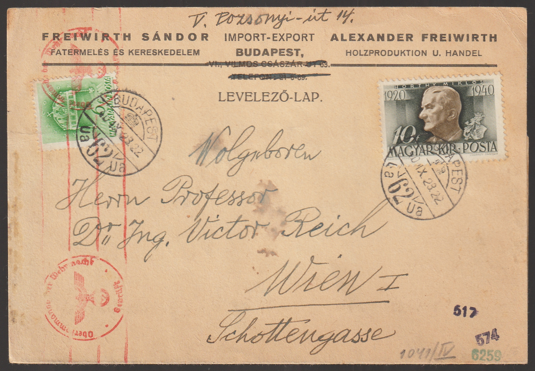 w_26_6_20261001_0014 1940. BUDAPEST, Bécsbe feladott cenzúrázott levelezőlap