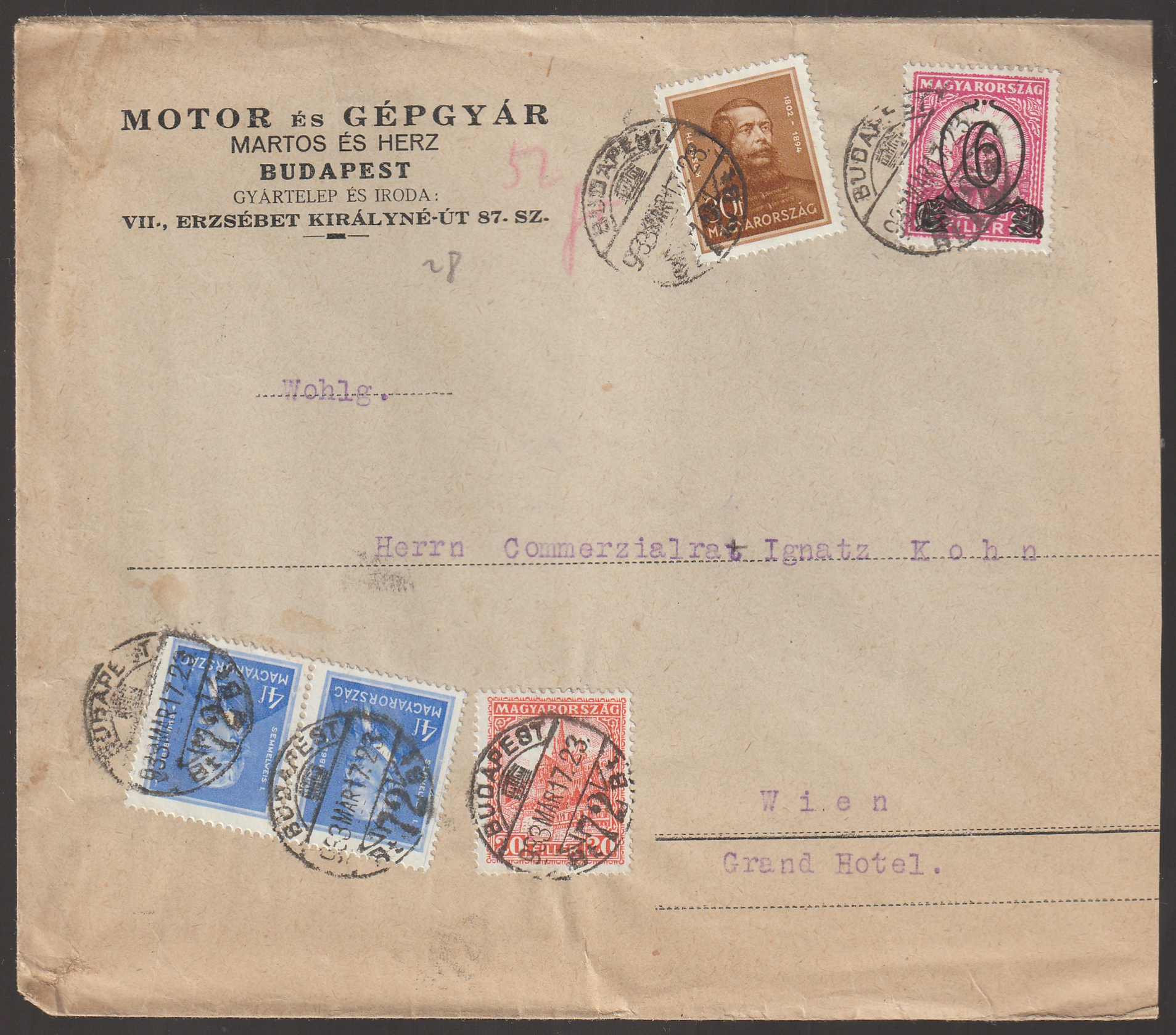 1933. BUDAPEST, Bécsbe feladott üzleti levél többes vehyes bérmentesítéssel köztük Kisegító bélyeggel, ritkább díjlerovás