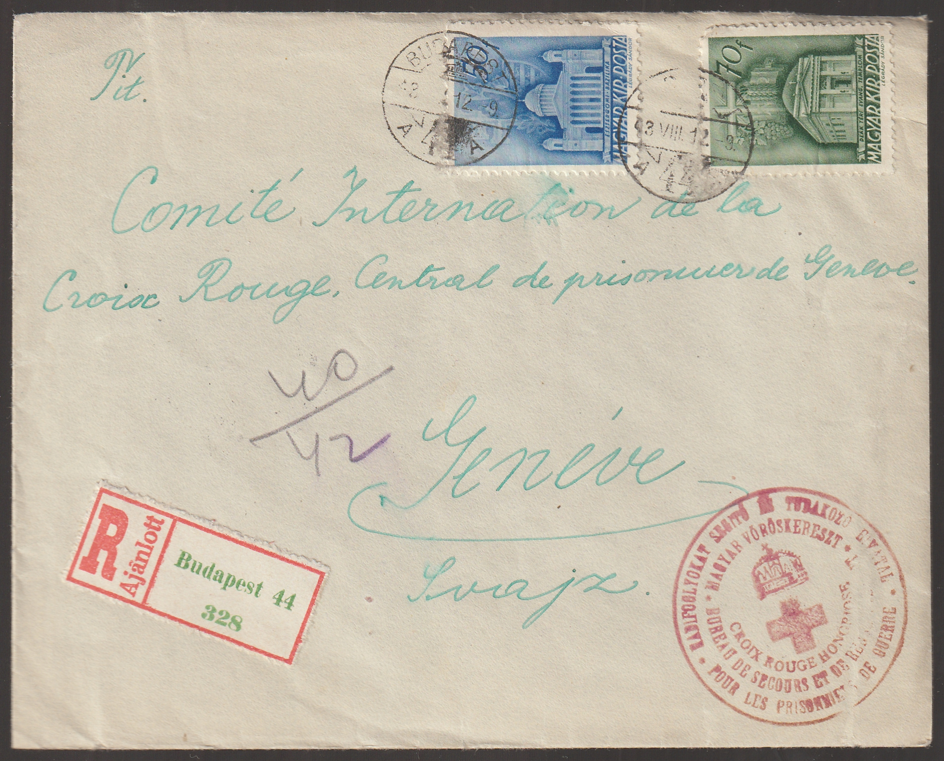 1943. VIII. 12. Budapestről Genfbe, a Nemzetközi Vöröskereszt hadifogoly-központjának feladott ajánlott levél, 1,40 pengős bérmentesítéssel, a Magyar Vöröskereszt hadifogoly-segélyező irodájának piros körbélyegzőjével.
