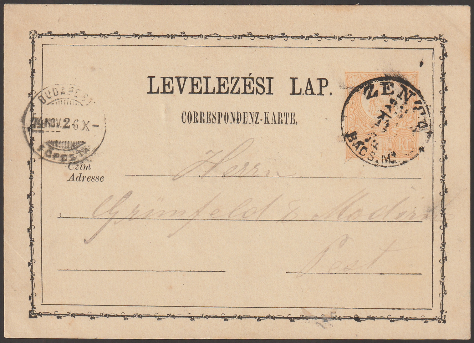 1874. ZENTA / BÁCS.M., Pestre feladott díjjegyes levelezőlap, a benyomott értékjegy jelentősen lefelé elcsúszott nyomatával