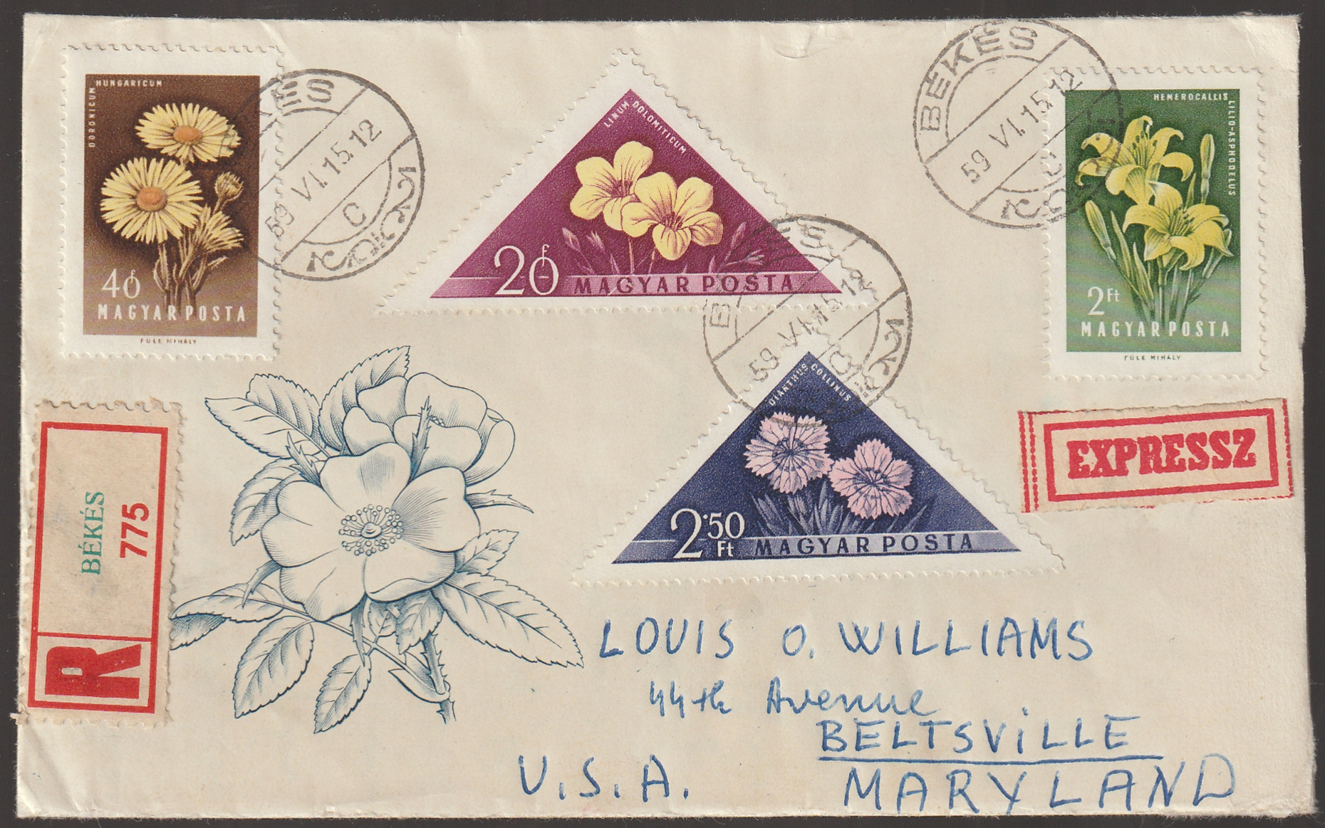 1959. BÉKÉS, az USA-ba feladott expressz-ajánlott levél, eredeti tartalommal, BESTVILLE érkezési bélyegzéssel. Ritka küldeménytípus!