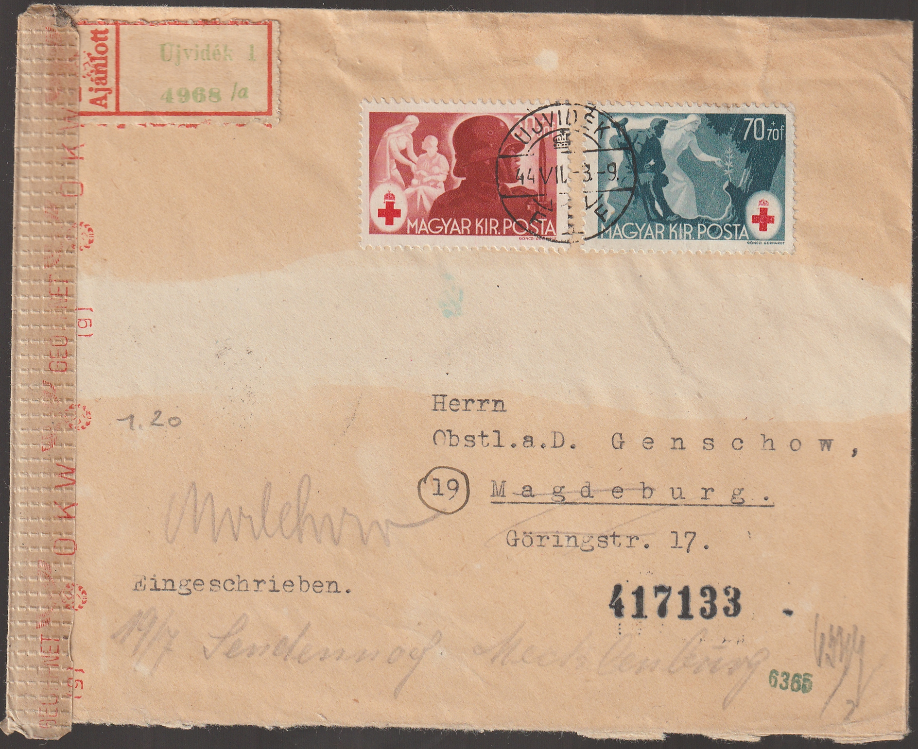 1944. ÚJVIDÉK, Magdeburg (Németország)-ba feladott cenzúrázott ajánlott levél