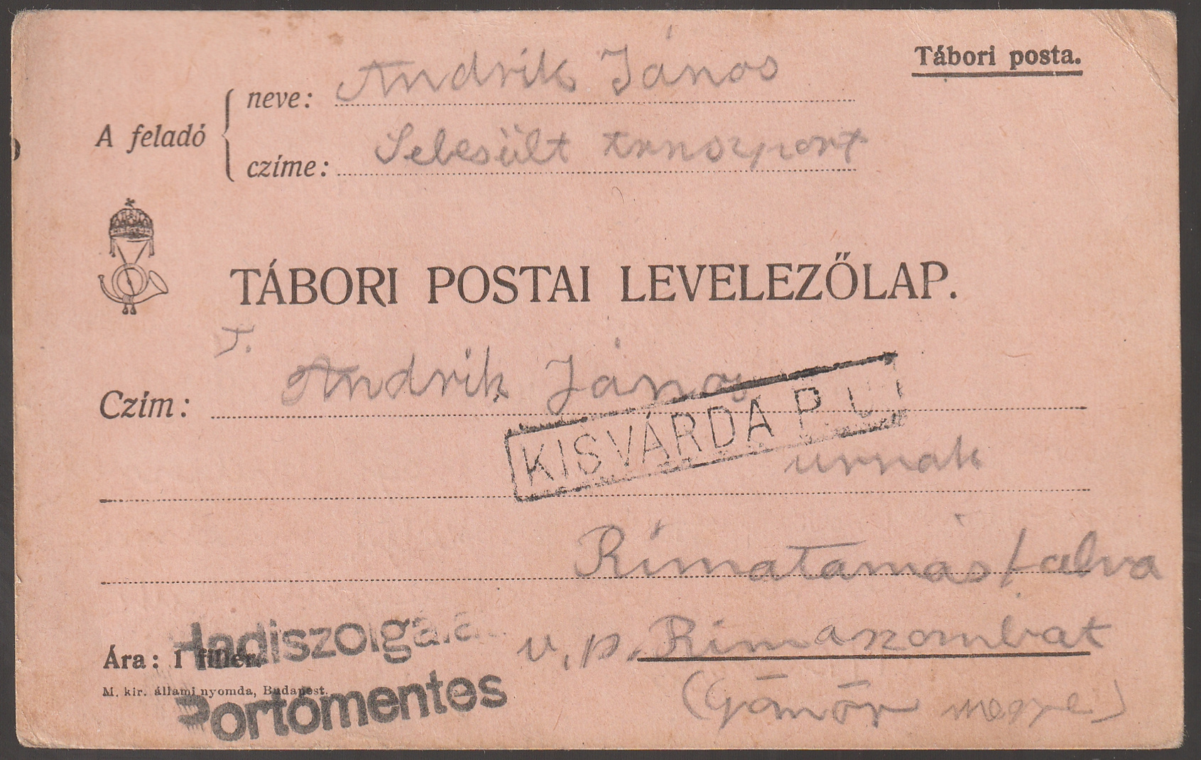 w_26_6_20261001_0079 1915. KISVÁRDA P.U. Rimaszombatra feladott Tábori posta levelezőlap