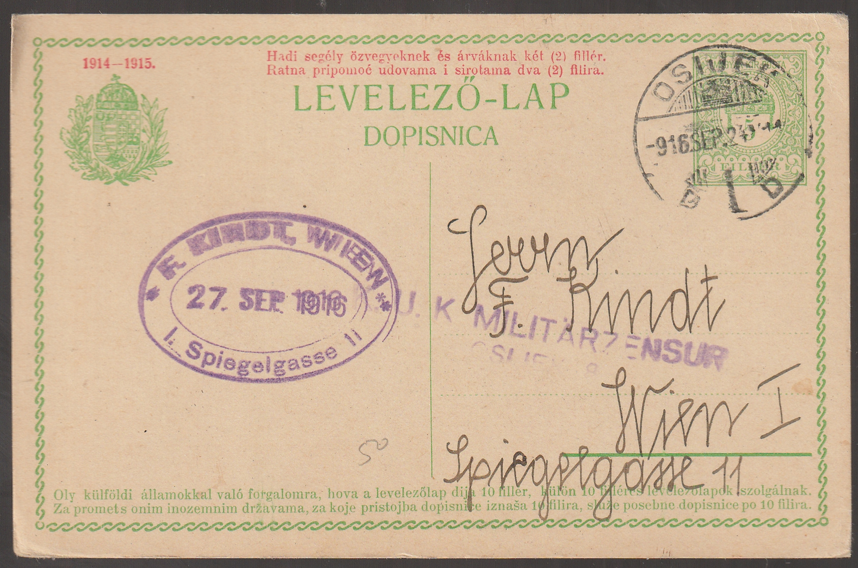 w_26_6_20261001_0083 1916. OSIJEK, Bécsbe feladott cenzúrázott Hadisegély levelezőlap
