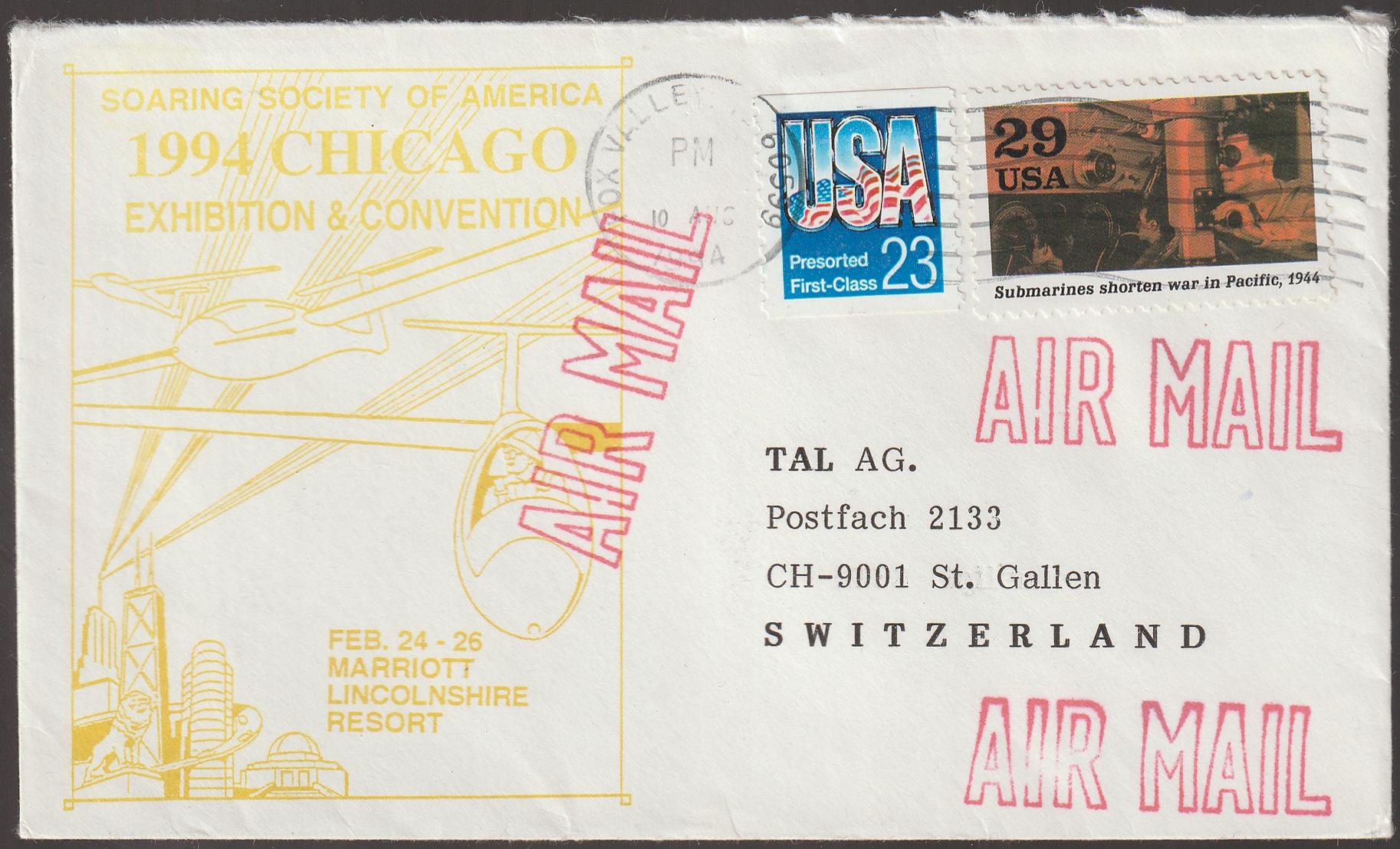w_26_6_20261001_0088 1994. USA, Svájcba, St. Gallenbe feladott légipostalevél a Soaring Society of America chicagói vitorlázórepülő-kiállításának és találkozójának képes borítékján.