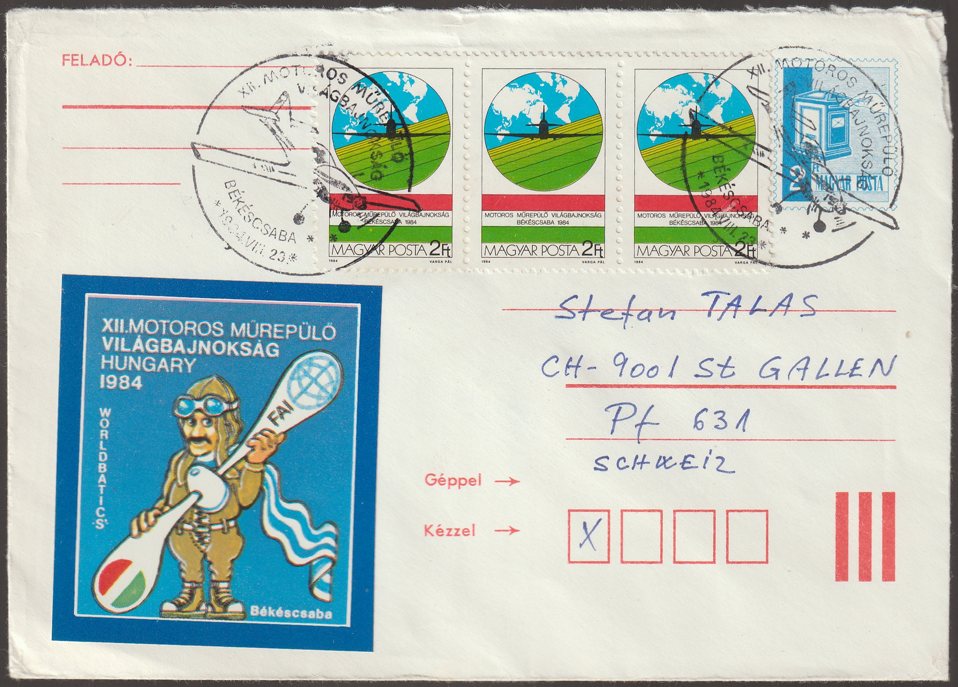 w_26_6_20261001_0092 1984. augusztus 25. Békéscsabáról St. Gallenbe, Svájcba feladott, 2 Ft-os díjjegyes boríték 6 Ft díjkiegészítéssel, a XII. Motoros Műrepülő Világbajnokság alkalmi bélyegzésével és színes reklámnyomatával.