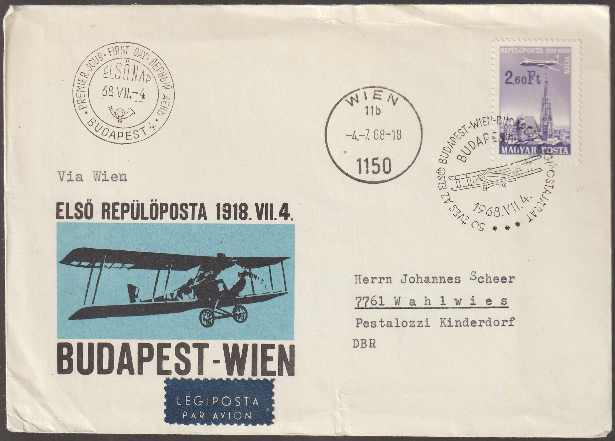 w_26_6_20261001_0108 1968. július 4. Az első Budapest–Bécs légipostajárat 50. évfordulójának képes alkalmi borítékja, Bécsen keresztül az NSZK-beli Wahlwiesbe küldve, 2,60 Ft bérmentesítéssel, budapesti elsőnapi és jubileumi alkalmi, valamint bécsi érkezési bélyegzéssel.