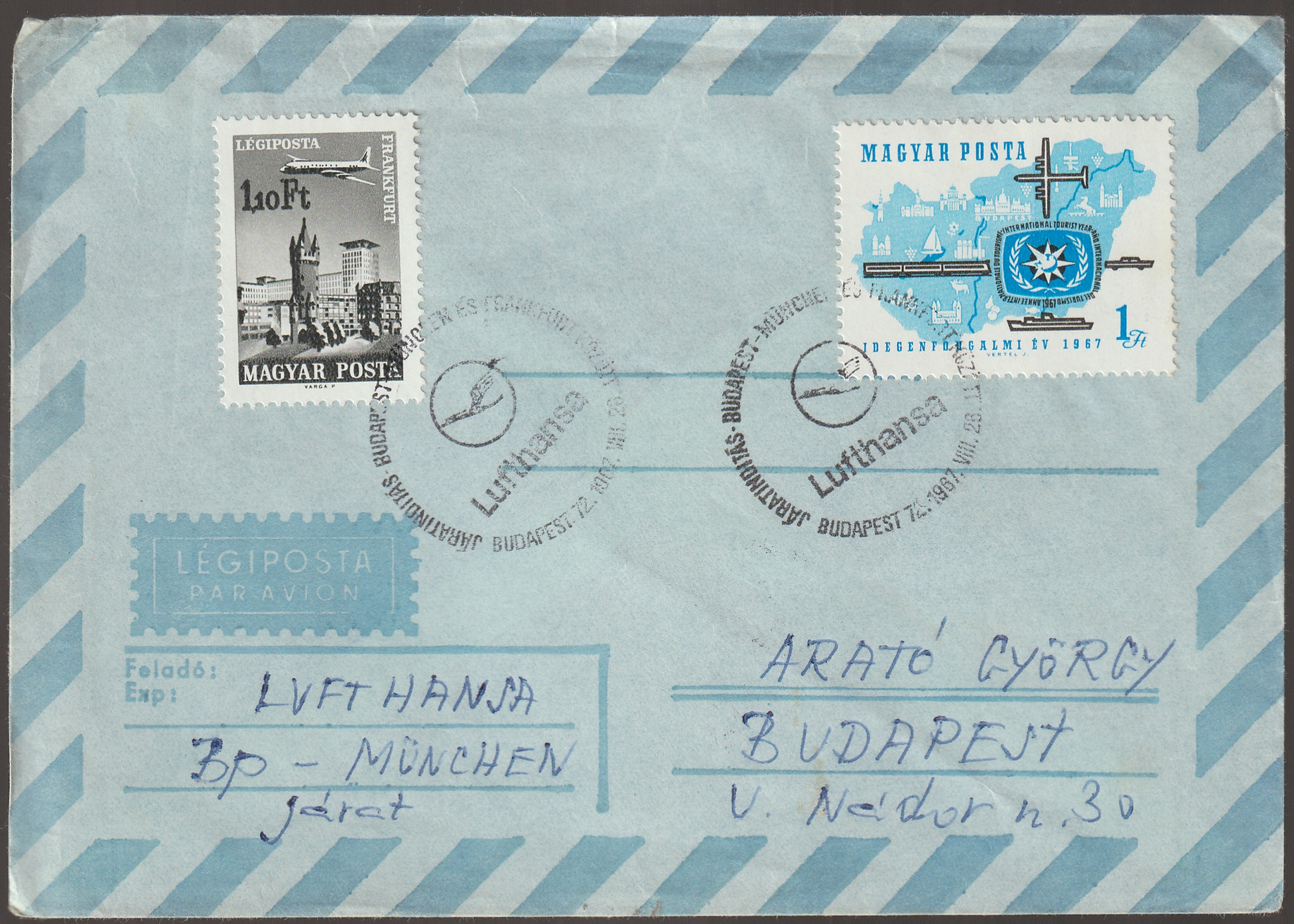 w_26_6_20261001_0112 1967. BUDAPEST–MÜNCHEN–FRANKFURT, a Lufthansa járatindítása alkalmából feladott, Budapestre címzett légipostai levél alkalmi bélyegzésekkel, hátoldalán München repülőtéri bélyegzéssel