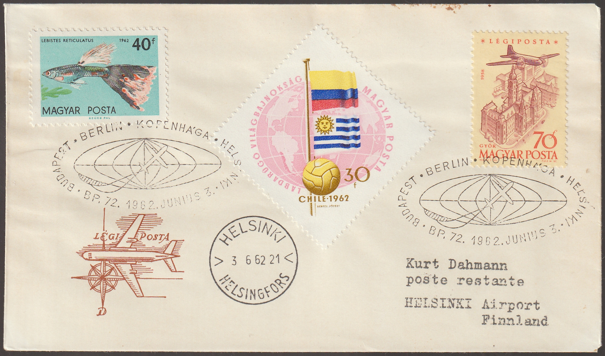 w_26_6_20261001_0118 1962. BUDAPEST–BERLIN–KOPPENHÁGA–HELSINKI légiposta-különbélyegzéssel ellátott, Helsinki repülőterére, postán maradóra címzett levél, helsinki érkezési bélyegzéssel