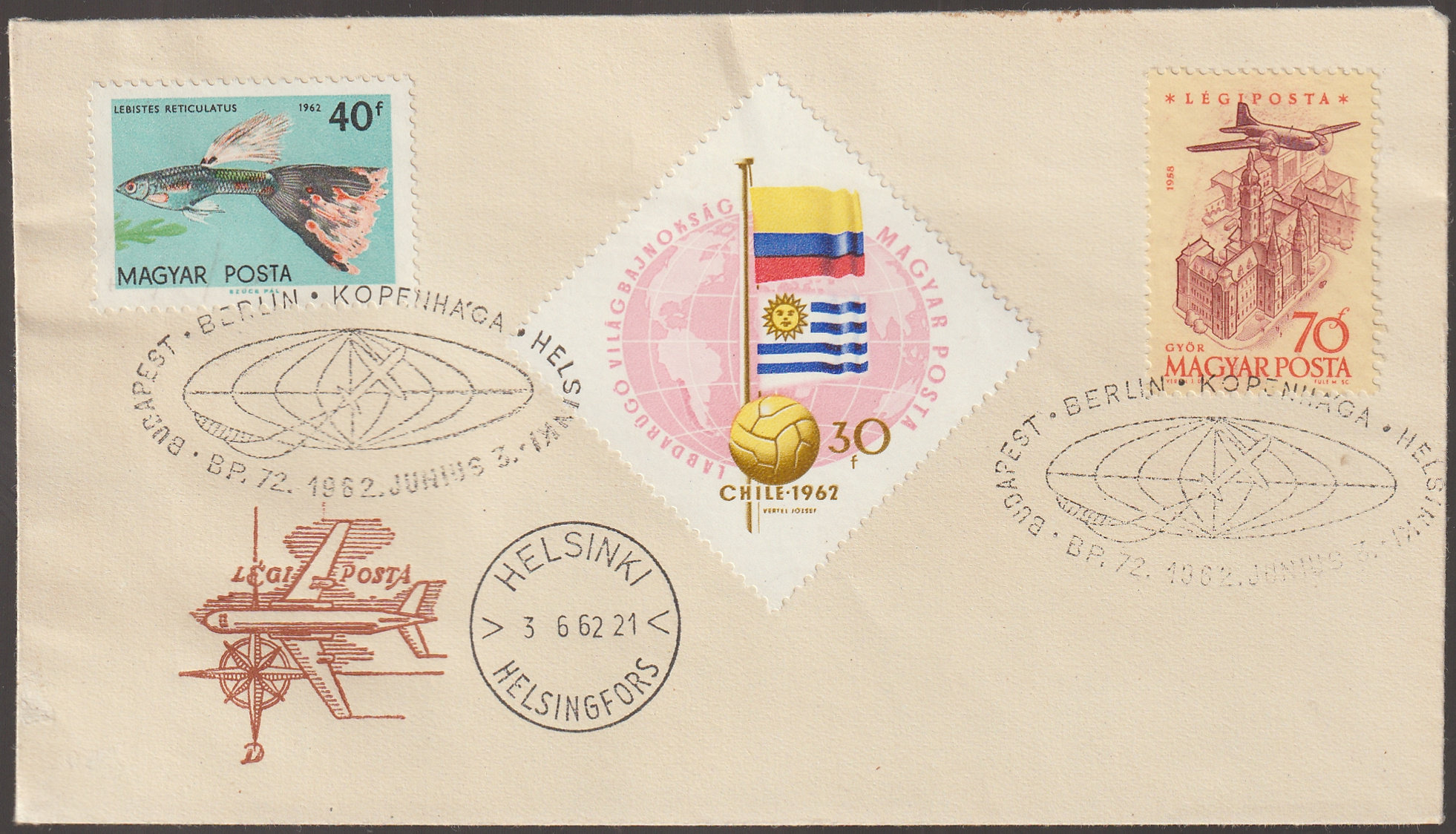 w_26_6_20261001_0119 1962. BUDAPEST–BERLIN–KOPPENHÁGA–HELSINKI légiposta-különbélyegzéssel ellátott, Helsinki repülőterére, postán maradóra címzett levél, helsinki érkezési bélyegzéssel
