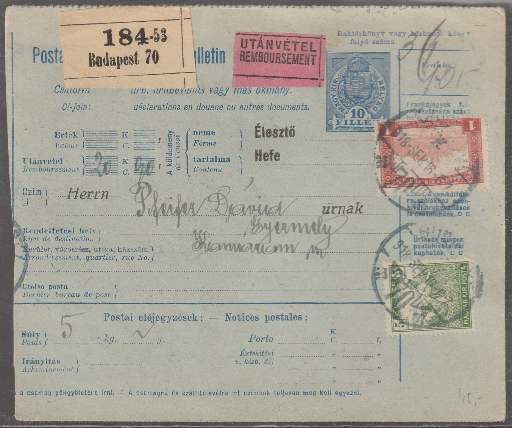 w_26_6_20261001_0129 1918. BUDAPEST, Gyermelyre utánvétel feladott szállítólevél - GYERMELY postaügynökség érkezési bélyegzéssel