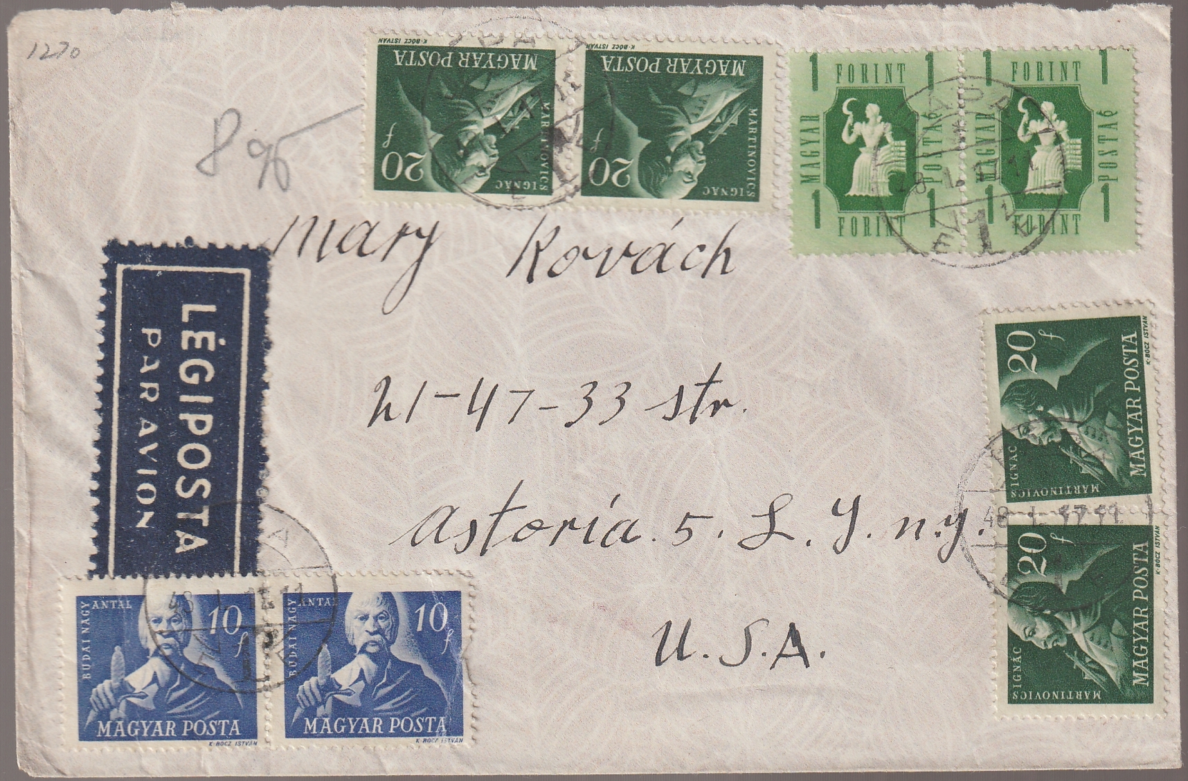 1949. Budapestről New Yorkba légipostán feladott levél