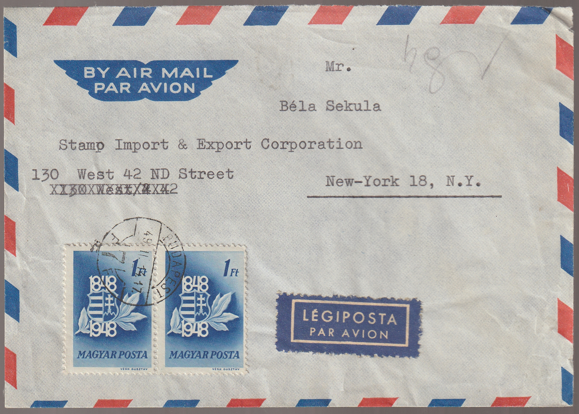 1949. Budapestről New Yorkba feladott bélyegkereskedői légipostalevél