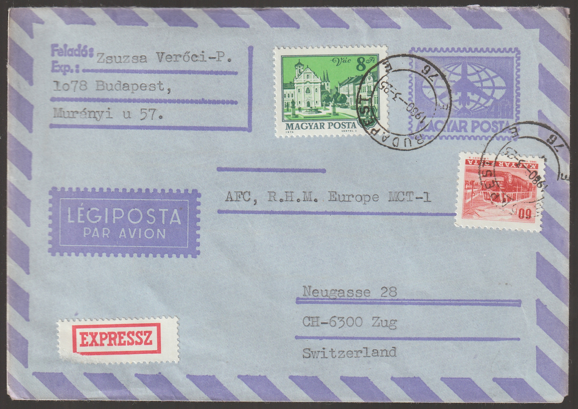 w_26_6_20261002_0046 1980. BUDAPEST, Svájcba expressz feladott díjkiegészített légiposta boríték