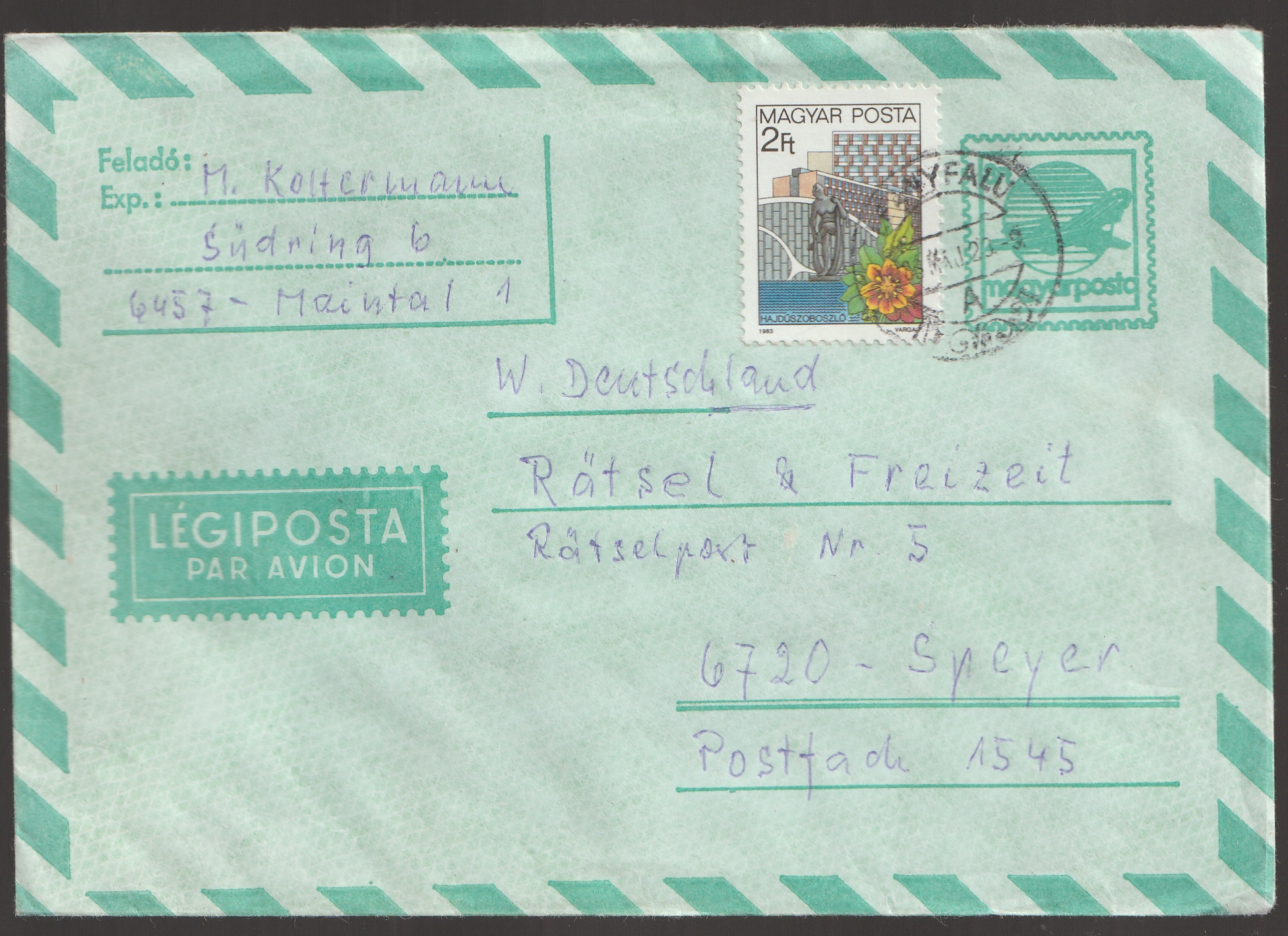 w_26_6_20261002_0048 1986. LEÁNYFALU, Németországba feladott díjkiegészített légiposta boríték