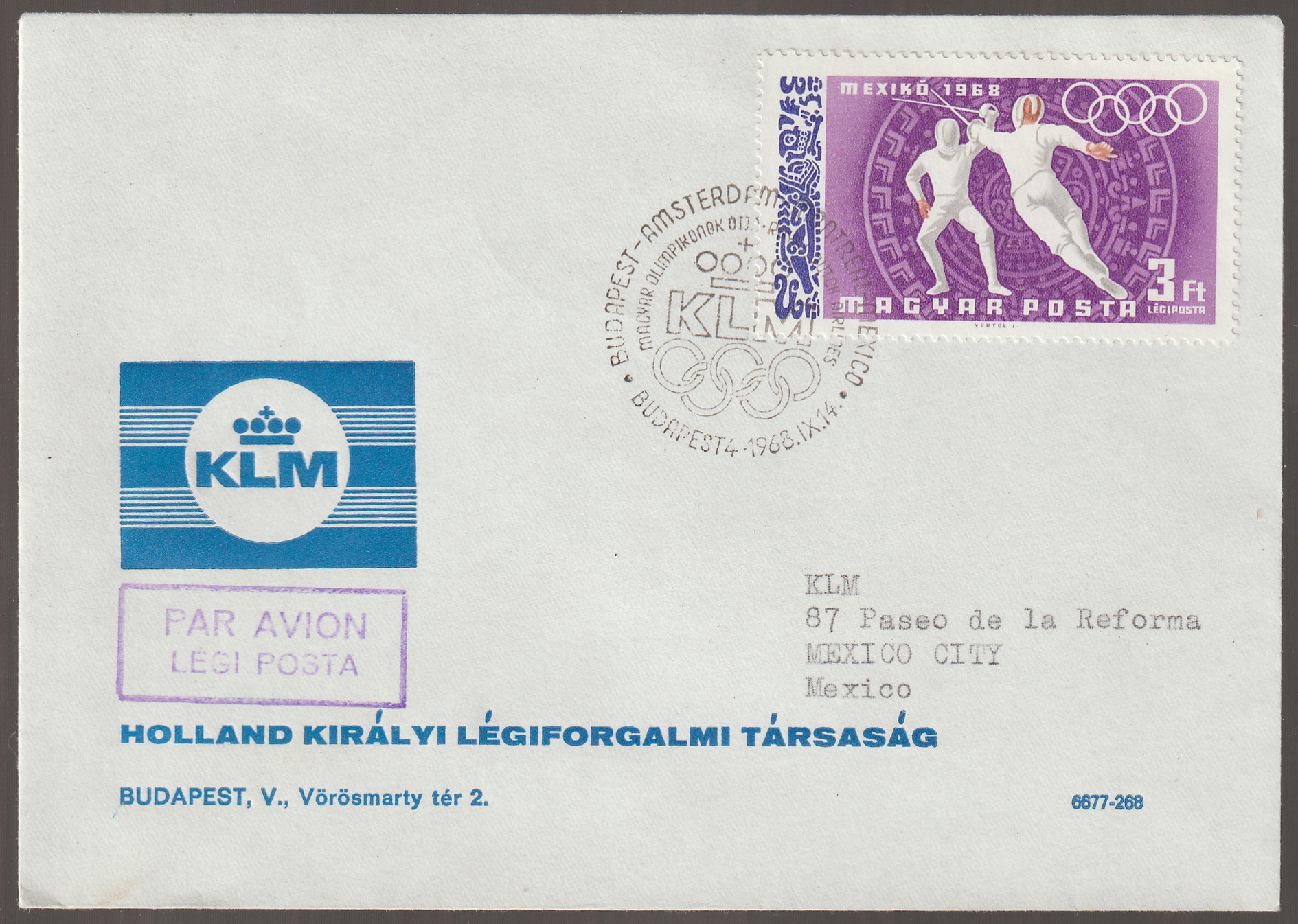 w_26_6_20261002_0199 1968. KLM Budapest–Amszterdam–Mexikó olimpiai repülés emlékborítékja, 3 Ft-os olimpiai bélyeggel és 1968. szeptember 14-i alkalmi bélyegzéssel, hátoldalán szeptember 17-i mexikóvárosi érkezési bélyegzéssel