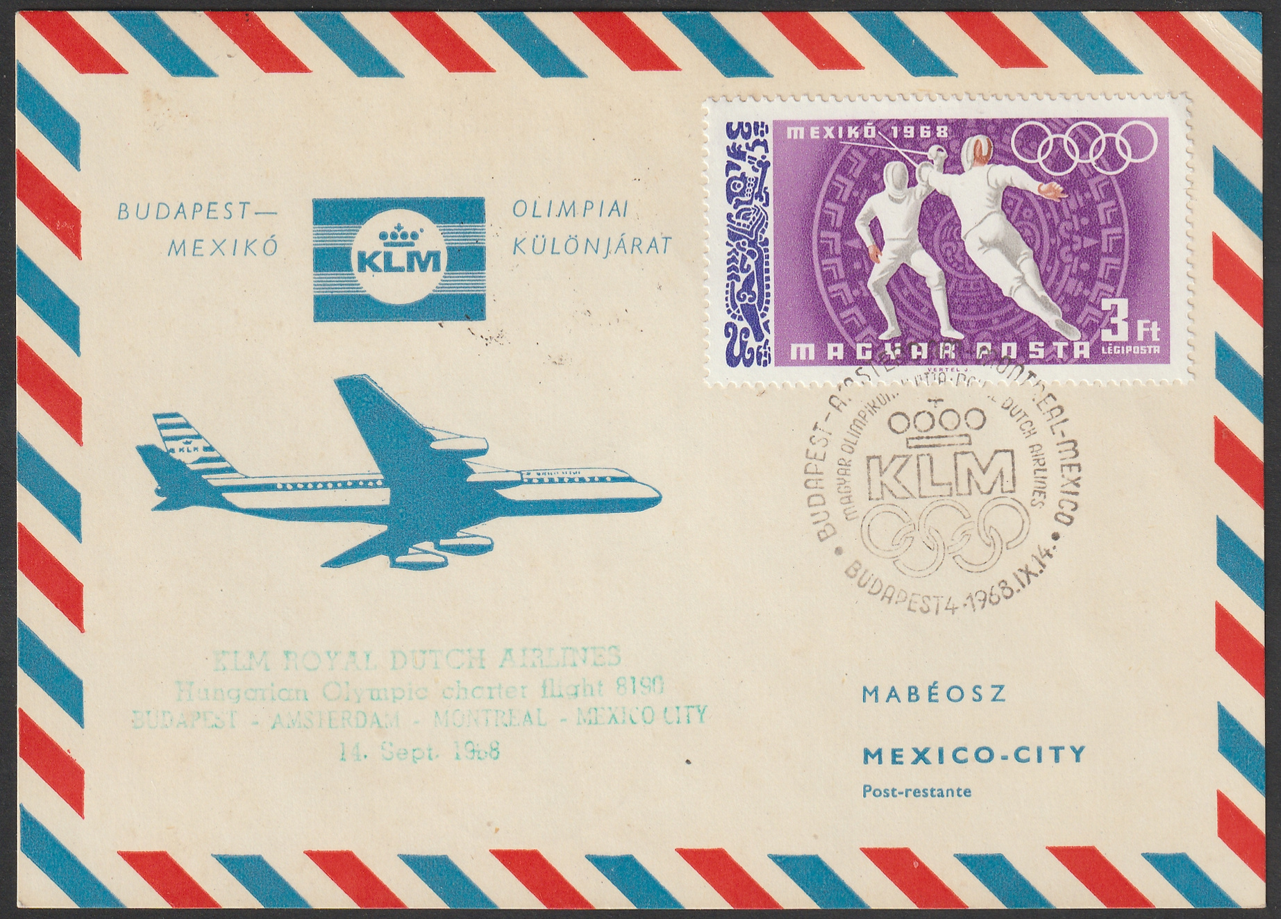 w_26_6_20261002_0201 1968. A KLM Budapest–Amszterdam–Montreal–Mexikóváros olimpiai különjáratának emlékborítékja, 3 Ft-os olimpiai bélyeggel, szeptember 14-i alkalmi bélyegzéssel és járatigazoló cachet-val, hátoldalán október 28-i BUDAPEST–REPÜLŐTÉR bélyegzéssel