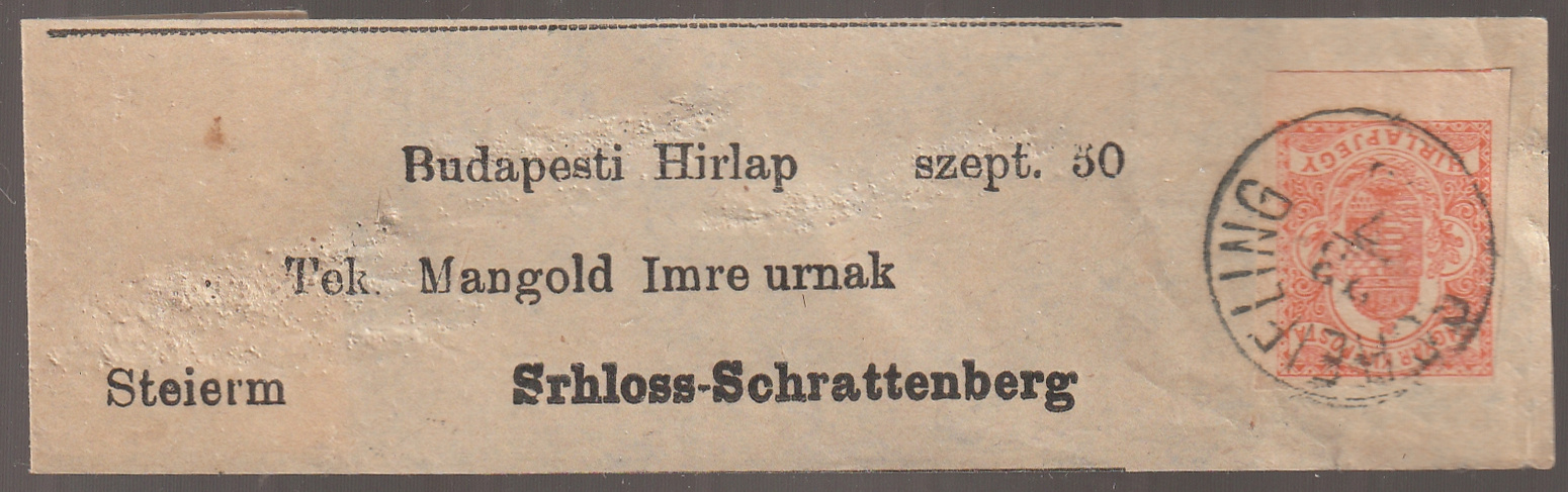 w_26_6_20261002_0213 1905. Az ausztriai Schrattenberg várromához (Schlossruine Schrattenberg) címzett újságszalag-kivágás, SCHEIFLING utolsó postahely érkezési bélyegzésével