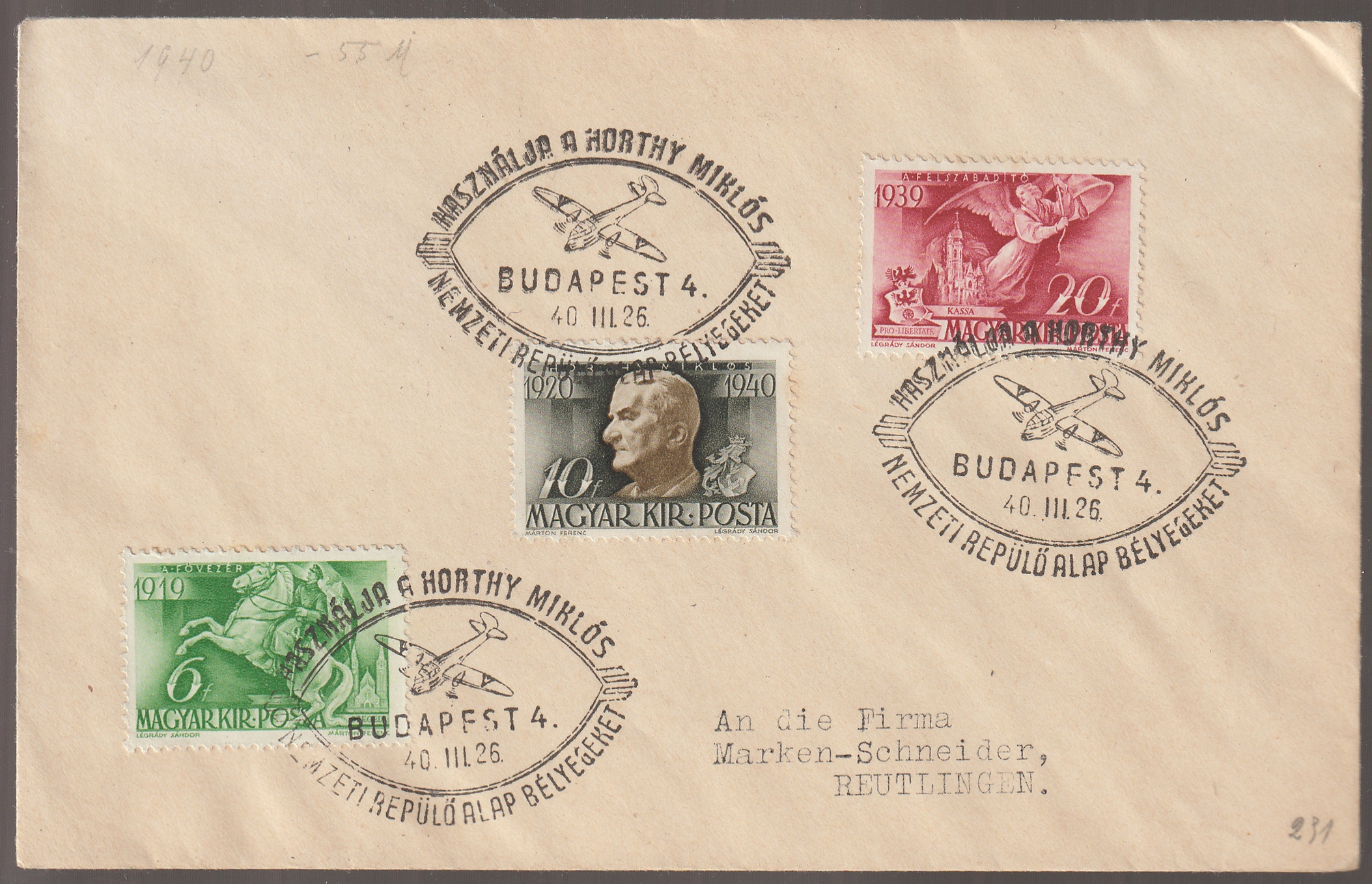 w_26_6_20261002_0219 1940. Reutlingenbe, a Marken-Schneider cégnek címzett filatéliai boríték 6, 10 és 20 filléres bélyeggel, három szép, repülőgépes „Használja a Horthy Miklós Nemzeti Repülőalap bélyegeket!” alkalmi bélyegzéssel.