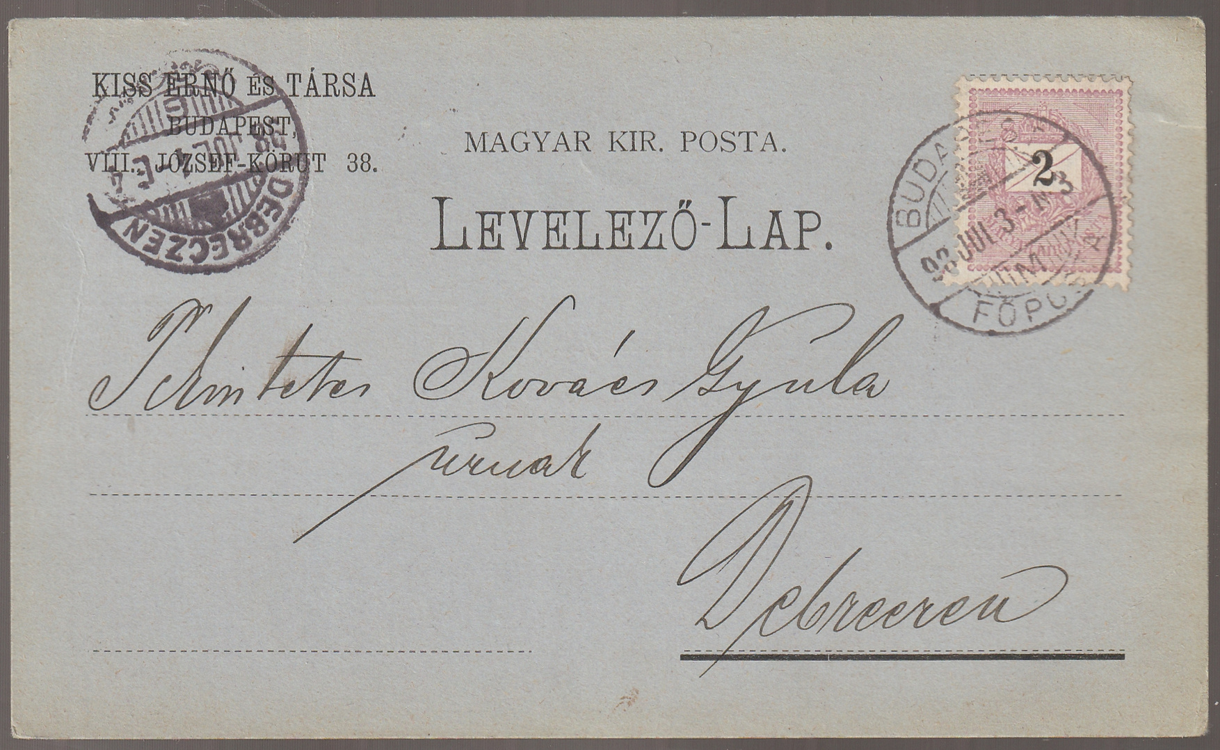 w_26_6_20261002_0231 1898. BUDAPEST, Debrecenbe feladott üzleti levelezőlap, hátoldali előre nyomással