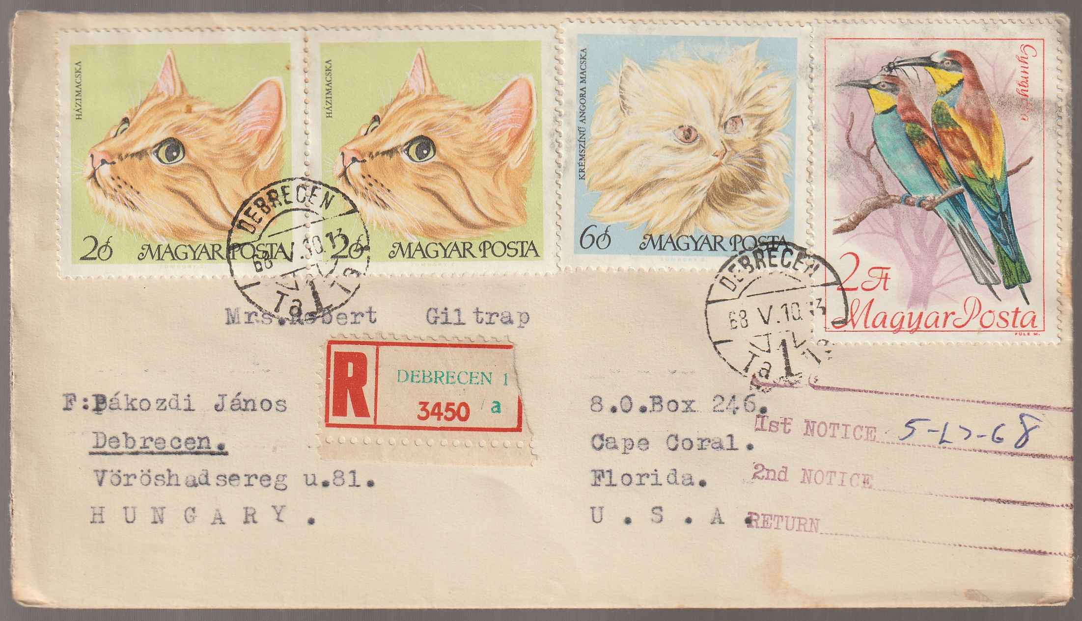 w_26_6_20261002_0263 1968. Debrecen, USA.ba feladott ajánlott levél - díjkiegészített Macskák FDC boríték