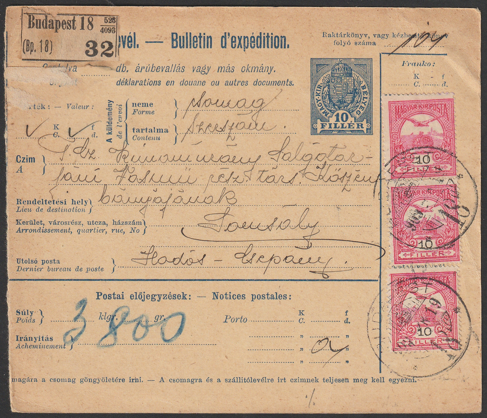 w_26_6_20261002_0279 1909. BUDAPEST, Hodoscsépány-ra feladott szállítólevél